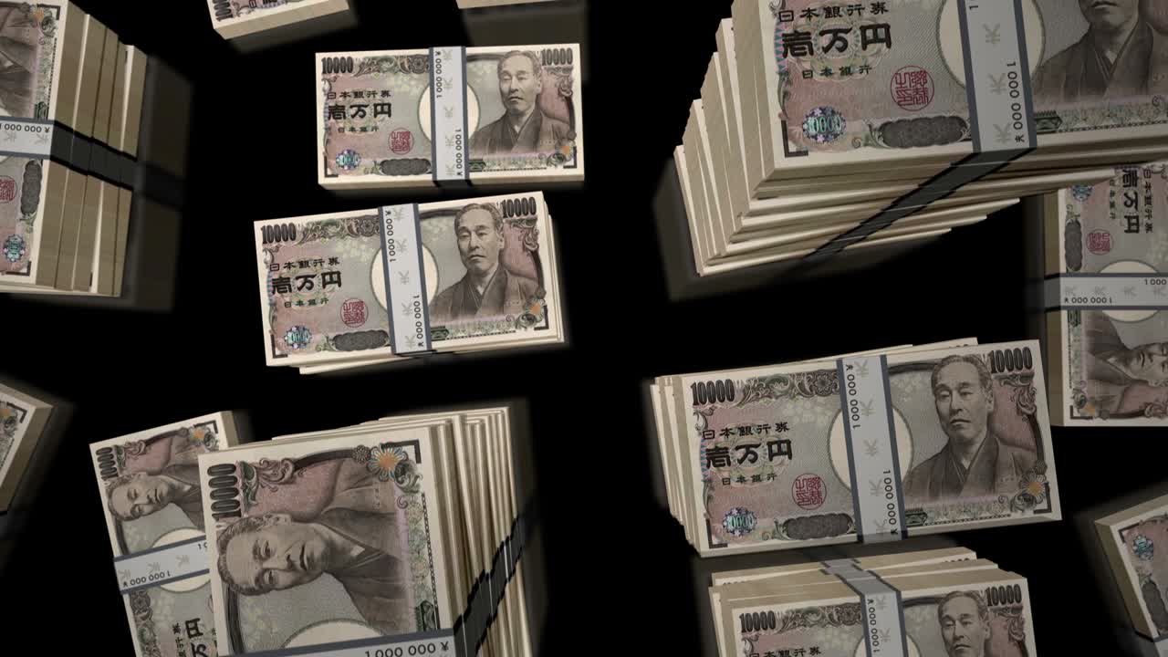 일본 엔을 날아다니는 돈, 지폐, 루프 애니메이션