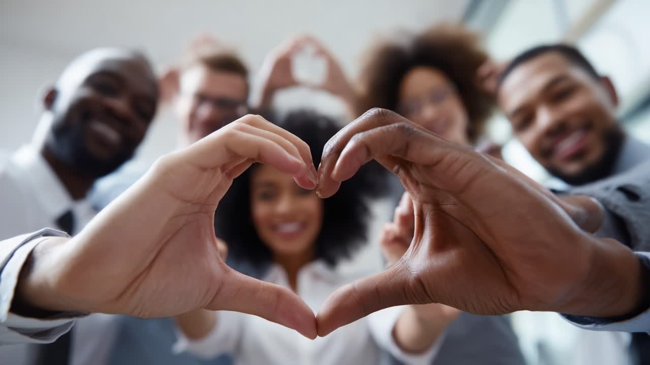A Diverse Group of Friends Forming Heart Shapes with Their Hands, Celebrating Friendship and Unity in a Bright and Welcoming Atmosphere, Emphasizing Love and Togetherness