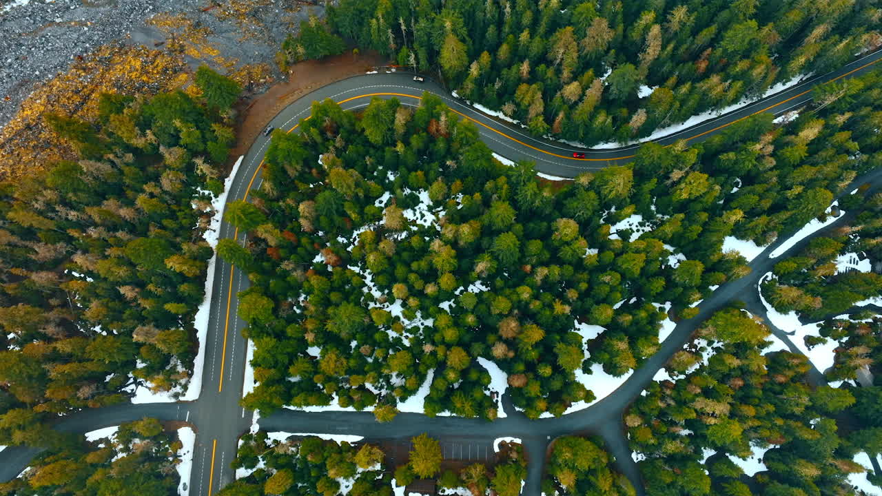 Asphalt two-lane roads in the pine tree forest. Top view on the woods crossed by highways with red car going by.