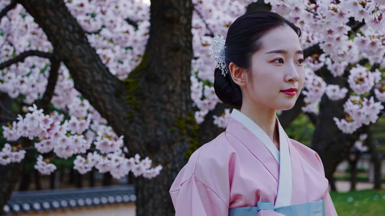 Un vídeo sereno muestra a una mujer vestida con un atuendo tradicional bajo cerezos en flor