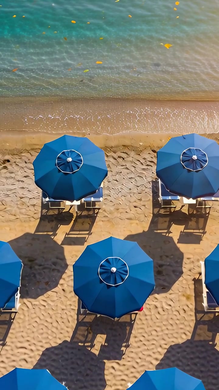 Video verticale: Ripresa panoramica con drone che mostra ombrelloni blu al mare, disposti in file ordinate, con una persona in top bianco