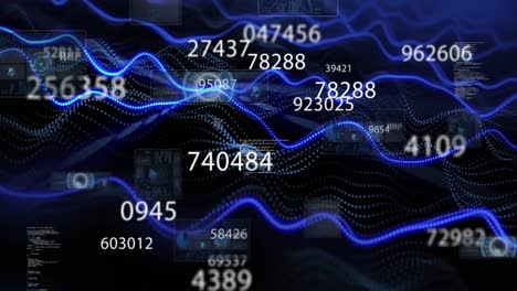 Animation of round scanners, data processing and changing numbers against blue digital wave
