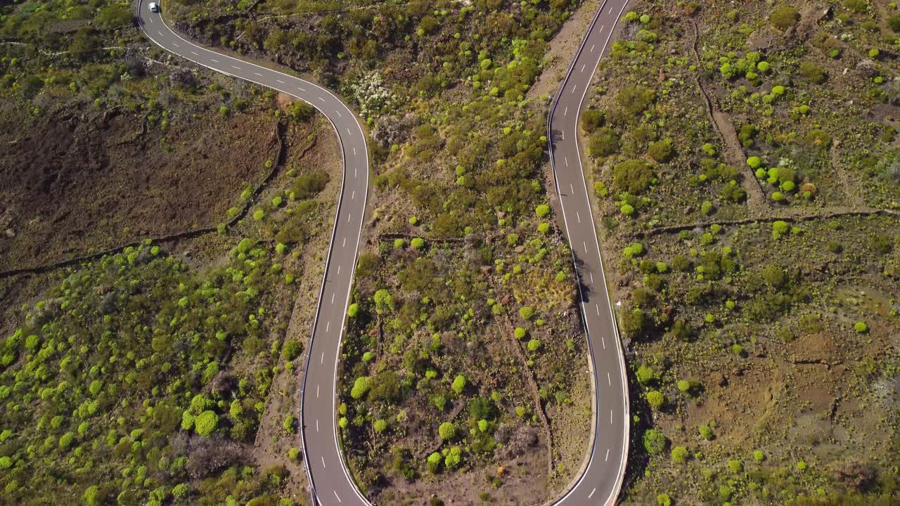 fotografía aérea de arriba hacia abajo de una carretera curva rodeada de vegetación exuberante en tenerife, islas canarias, españa