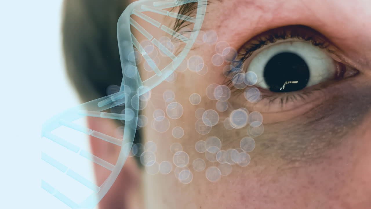 눈 위에 있는 dna 스트랜드와 미디어 아이콘의 애니메이션