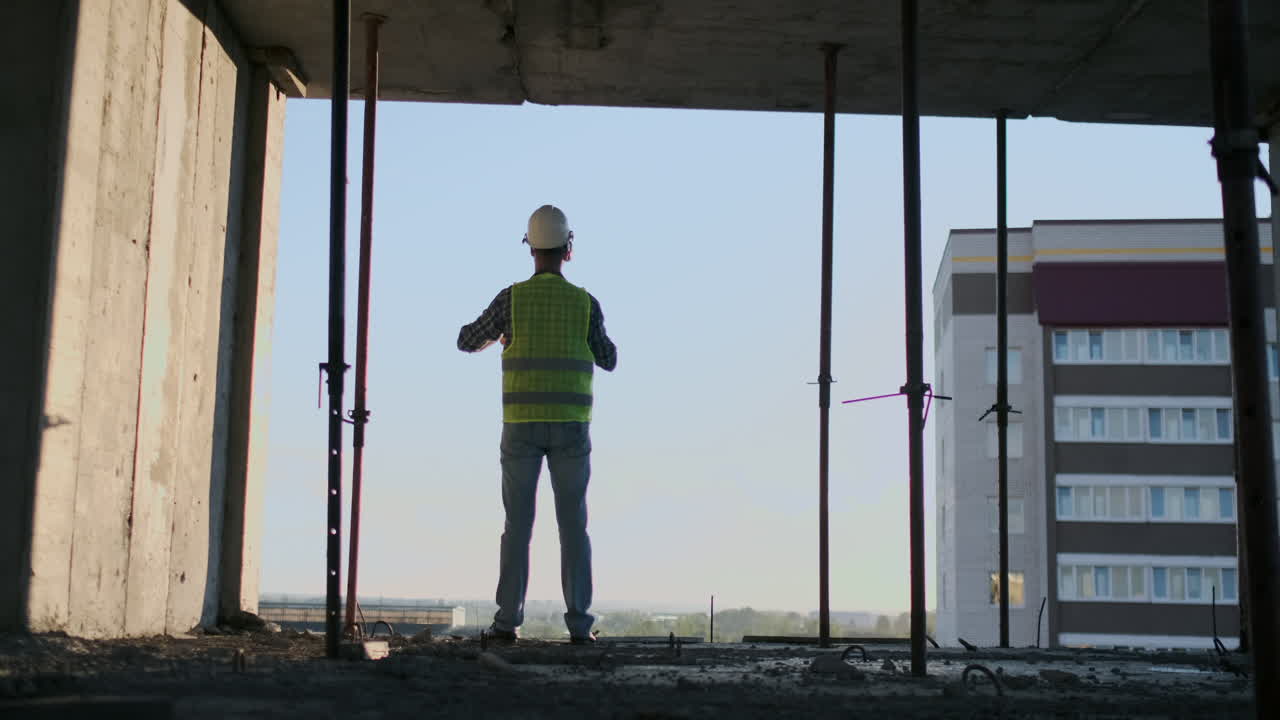 Builder working with VR glasses. Builder projecting with VR glasses future exterior standing at the construction site
