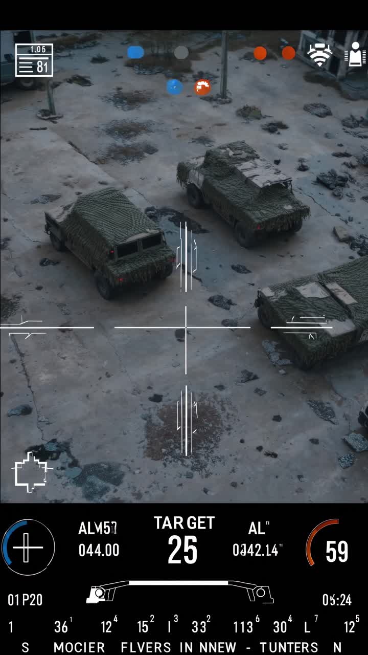 Urban wasteland viewed from above, drone mounted targeting system revealing desolate cityscape with telemetry data, evoking post apocalyptic surveillance atmosphere