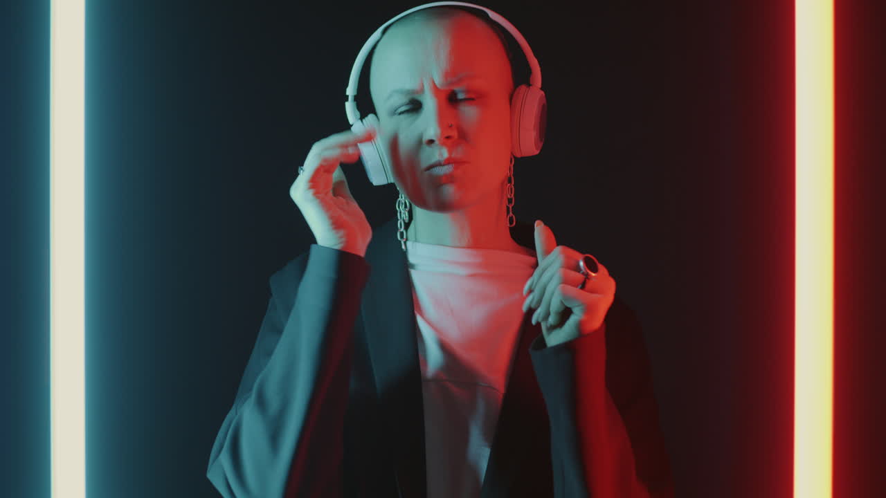 Bald Woman in Headphones, Neon Lighting