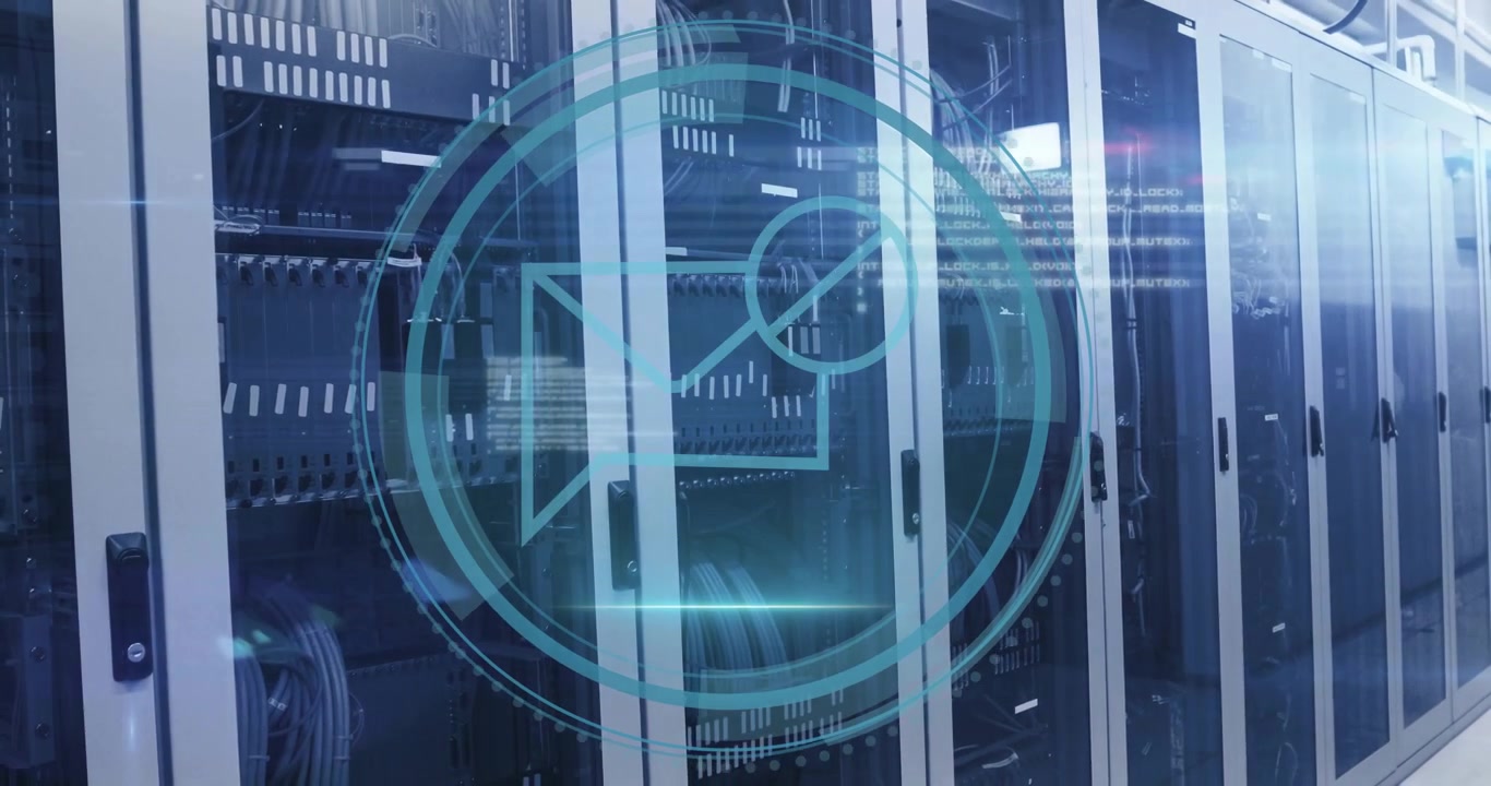 Server racks glitching cybersecurity text animating HUD ring scanning envelope icon completing scan