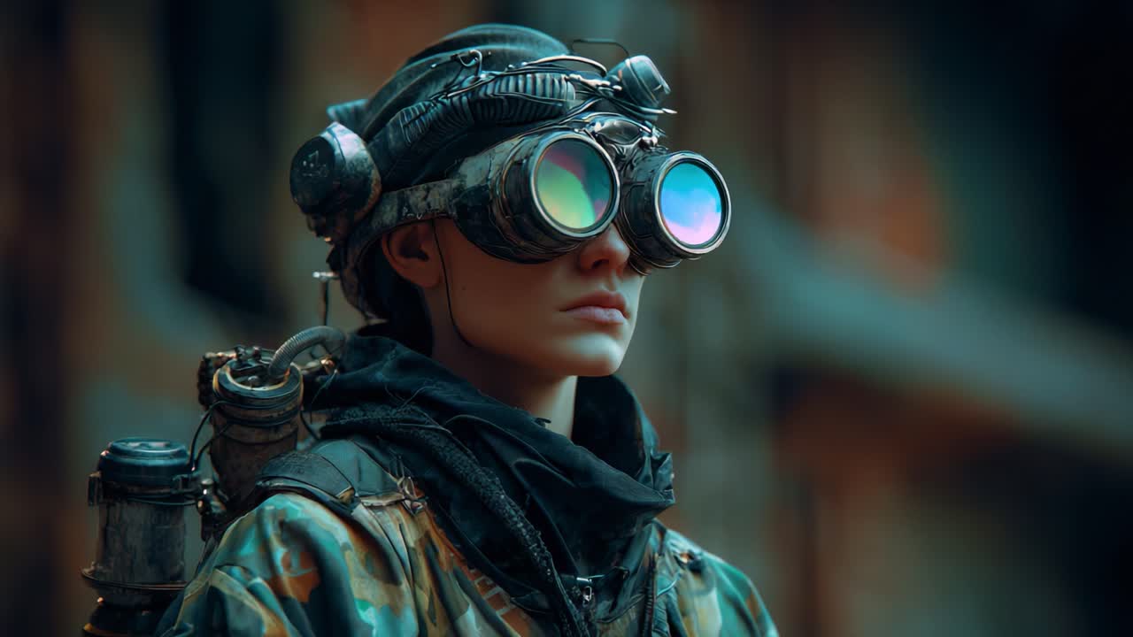 A Steely Survivalist Stands Guard in a Dystopian Landscape, Equipped with Eye-Catching Modified Goggles and Rugged Gear, Ready for Action in a Post-Apocalyptic Environment