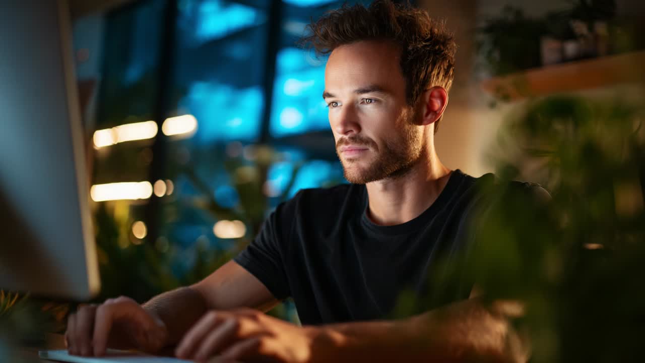 A focused young man engaged in work while seated at a desk with a computer, illuminated by ambient blue light amidst greenery, showcasing concentration and modern work environments