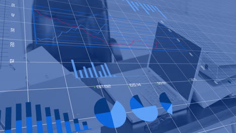 animation of financial data processing over empty office