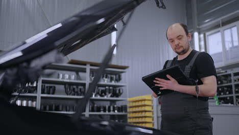 man mechanic at the hood of a car with a tablet diagnoses all systems and searches for malfunctions