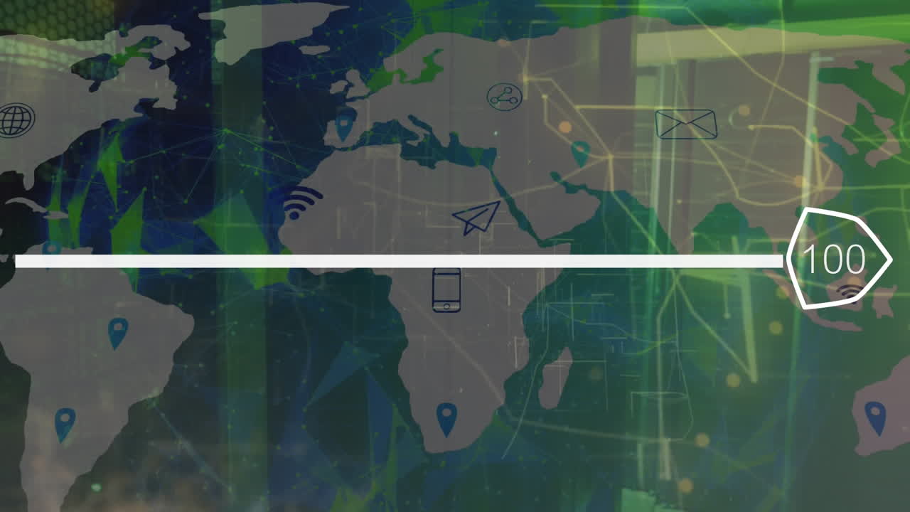 animación de la red de conexiones sobre el mapa del mundo y procesamiento de datos