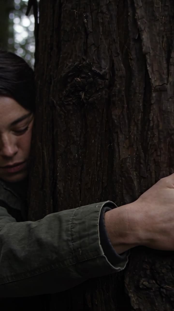 Video verticale: Donna che cammina e abbraccia un largo tronco d'albero nella foresta, con le maniche di una giacca color oliva