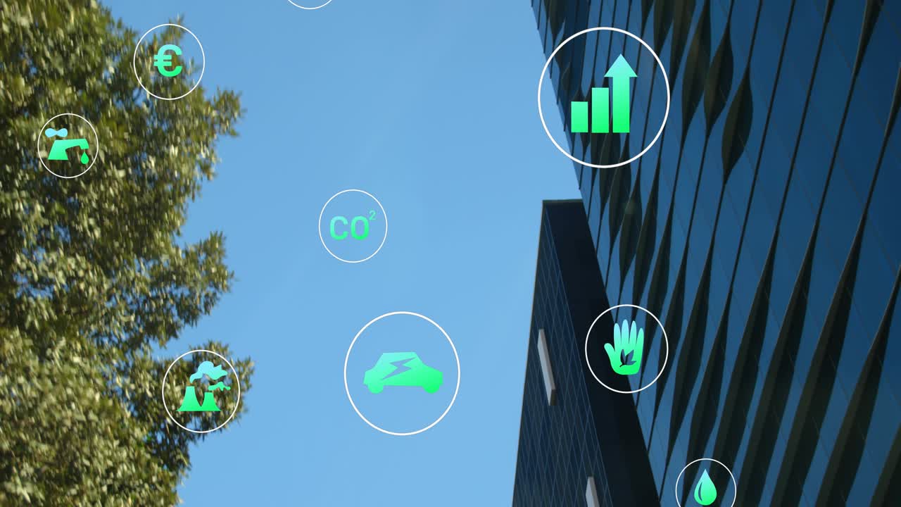Frame one showing green icons drifting fading resizing between tree and building mapping eco goals