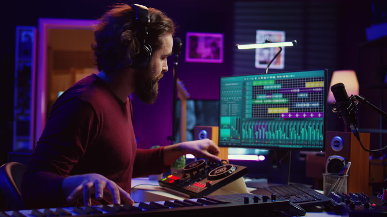 artista experto tocando el teclado del piano y grabando sonidos en el software daw