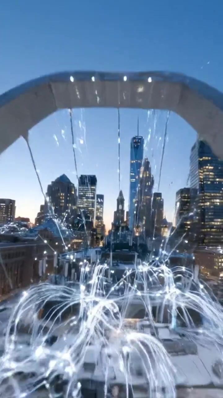 Aerial Drone Flight Captures Stunning Winter Cityscape with Snow-Covered Streets and Glittering Skyline at Dusk in Urban Environment