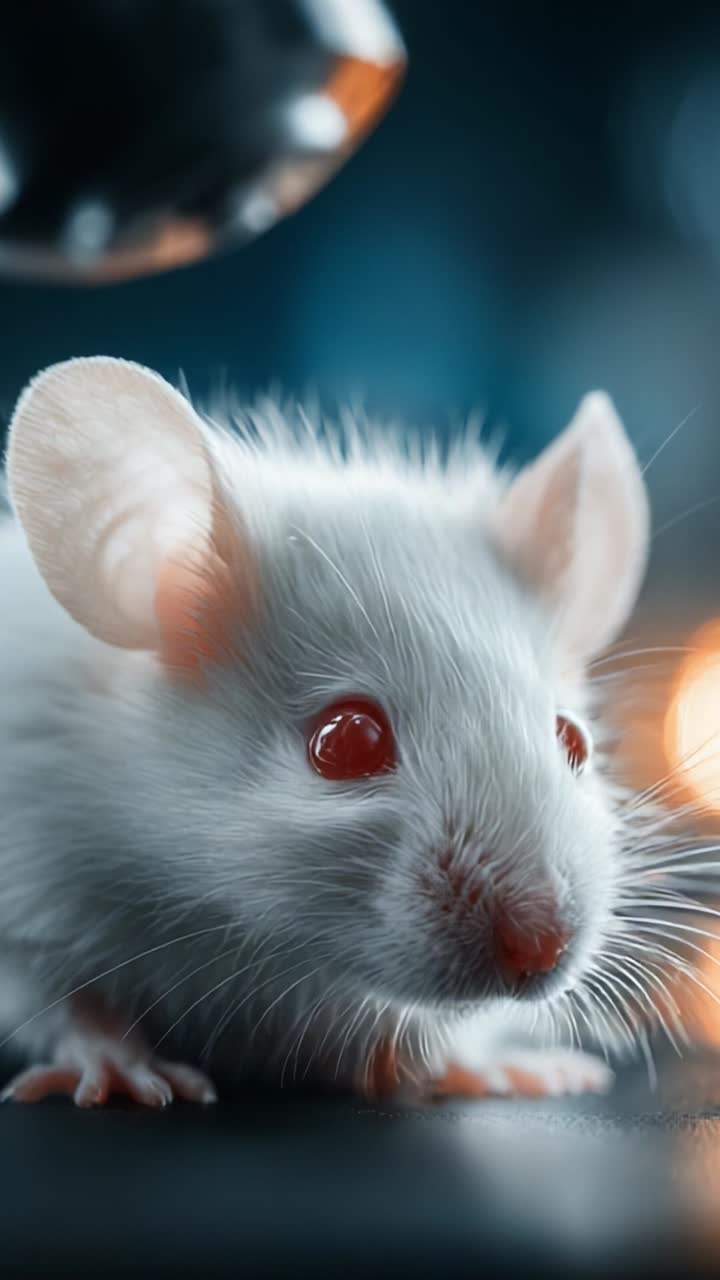 Uno sguardo nella vita di un curioso topo bianco: esplorazione dell'ambiente circostante con giocosa curiosità e interesse, sotto una luce soffusa