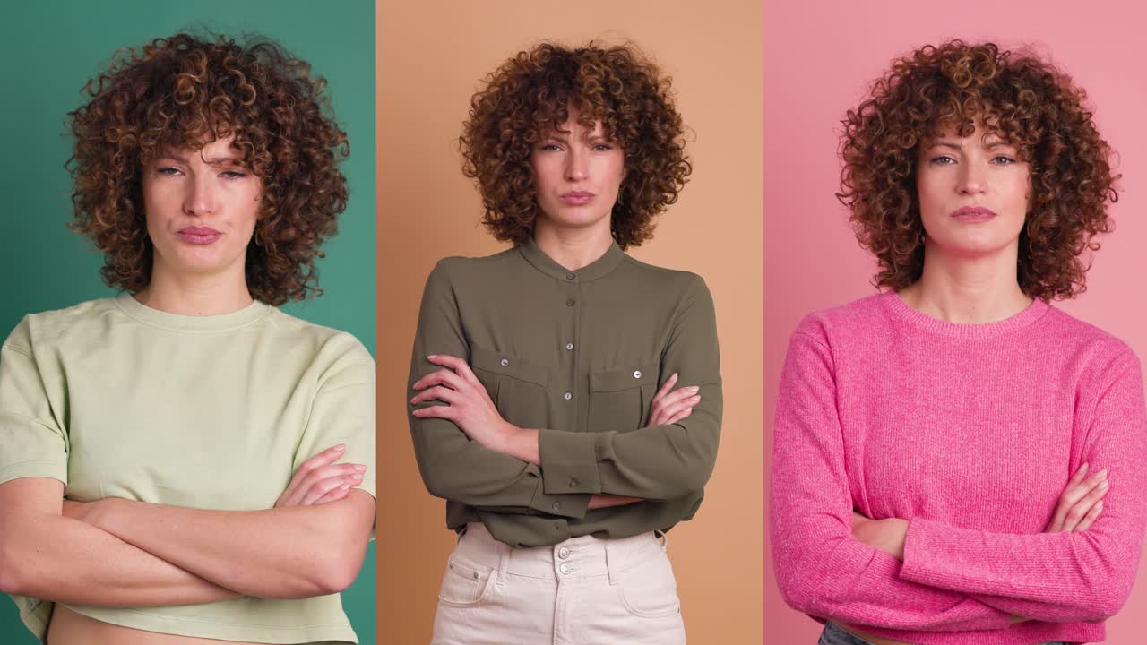 Multiple Screen Montage: Unhappy woman with crossed hands