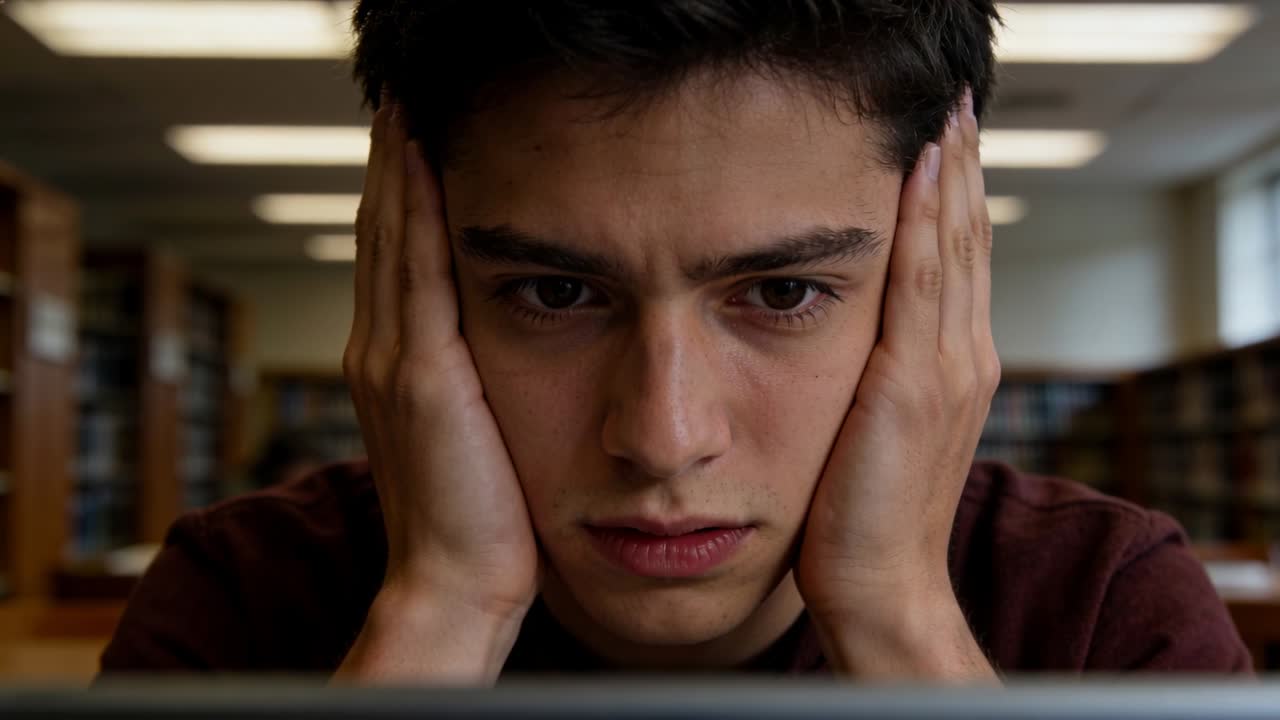 Leaning, student cupping face while studying laptop screen in library, maroon t-shirt