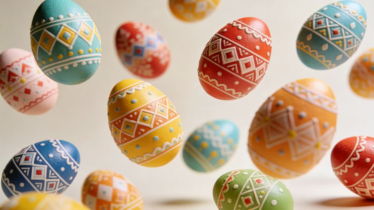 Drifting hand-painted eggs shifting on studio set, motion initiating, showcasing beaded details