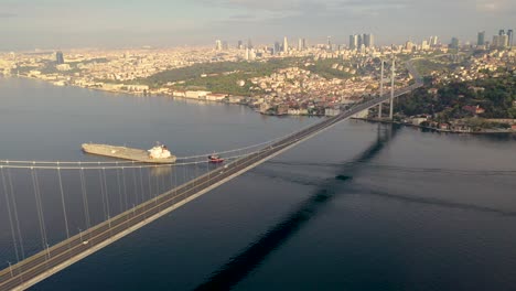 15 july martyrs bridge also known as bogazici bridge from istanbul turkiye aerial view with drone.