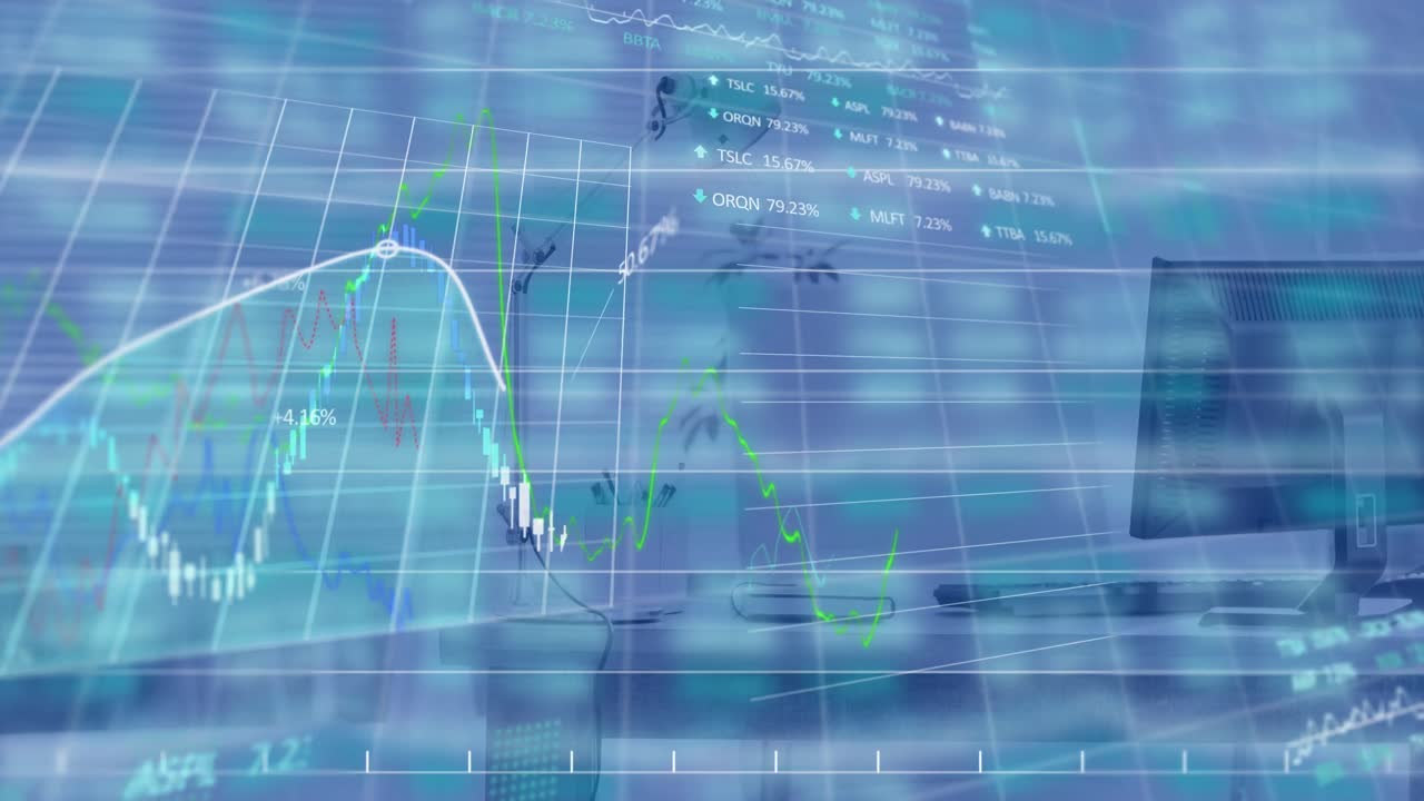 Digital composite video of financial data processing against empty office desk