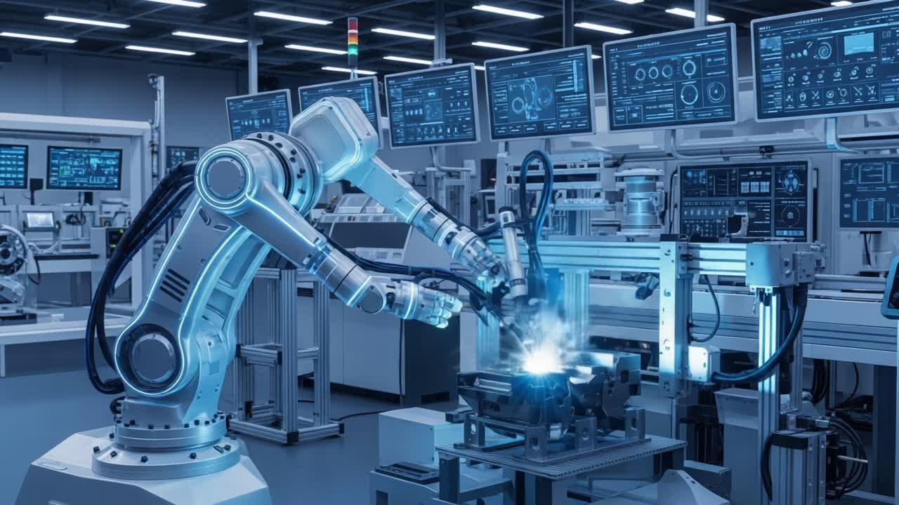 Advanced Robotic Arm Performing Precision Welding in a High-Tech Industrial Environment with Enhanced Displays and Automation Systems