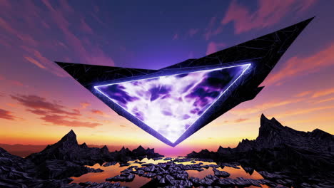 mysterious glowing triangle portal over a barren alien landscape at sunset