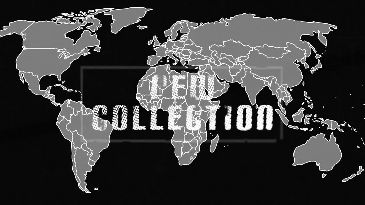 검은 바탕에 있는 지도 위의 사각형으로 새로운 컬렉션의 애니메이션