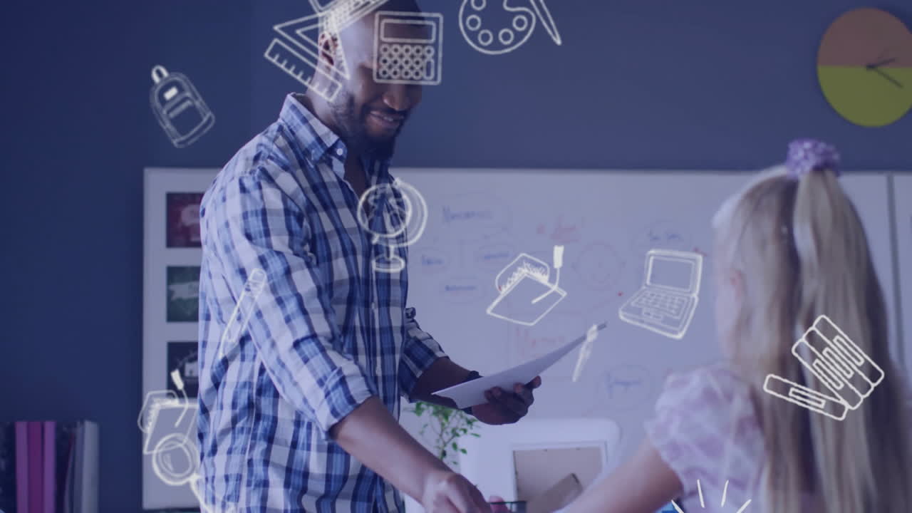 Animation of school icons over diverse schoolchildren and male teacher