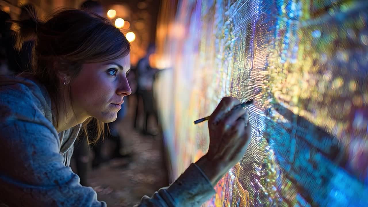 Un artista crea un murale vivace in un ambiente urbano durante le ore serali