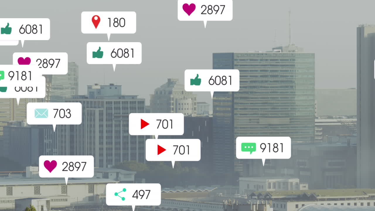 Animation of notification labels with changing numbers over modern cityscape against clear sky