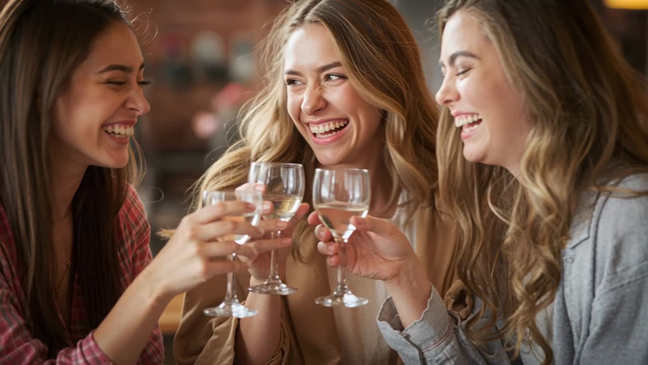 Three women sitting close in bar, center woman turning, raising wine glasses, toasting and laughing