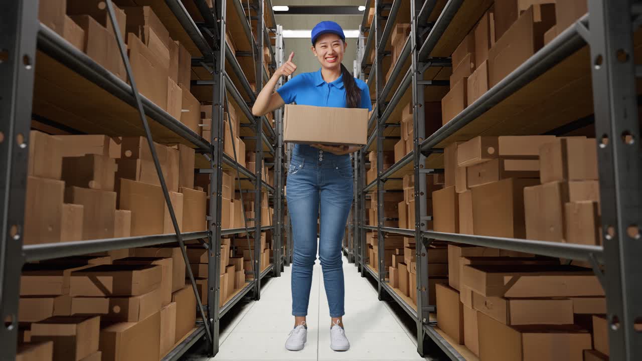 cuerpo lleno de mensajero femenino asiático en uniforme azul mostrando pulgares hacia arriba gesto y sonriendo mientras entrega una caja en el almacén