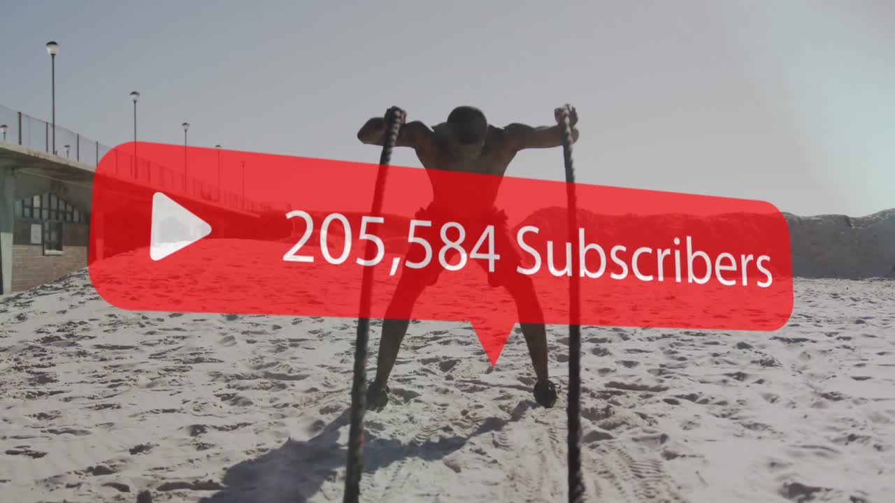 해변에서 운동하는 아프리카계 미국인 남성 위의 미디어 아이콘의 애니메이션