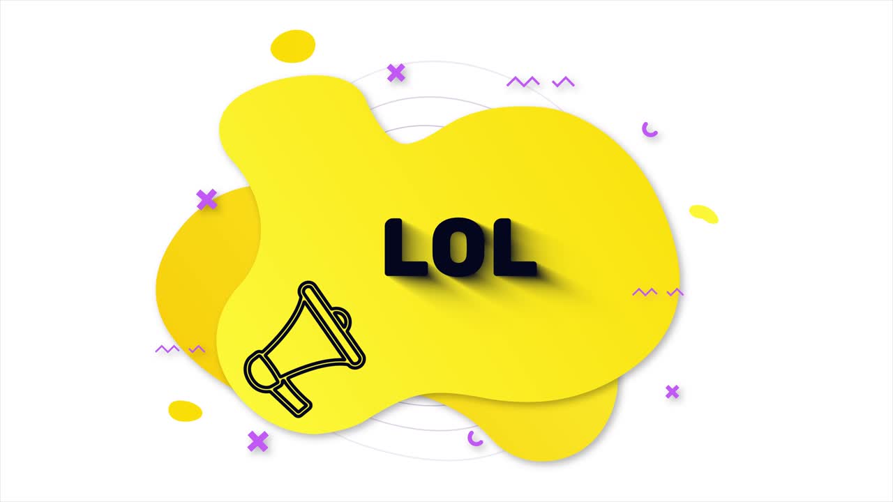 검은색 메가폰과 텍스트: 노란색 배경에 추상적인 기하학적 모양을 가진 멤피스 스타일의 배너, 메가폰을 가진 배너와 둥근 요소의 윤, 4k 비디오 모션 그래픽