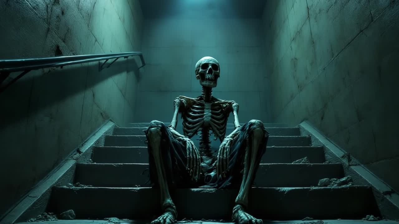 Skeleton seated on stairs in dimly lit corridor, showcasing eerie atmosphere and shadows