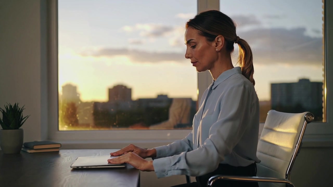 Impiegata in camicetta blu che chiude il laptop mentre il tramonto segnala la fine della giornata lavorativa, guardando fuori dalla finestra