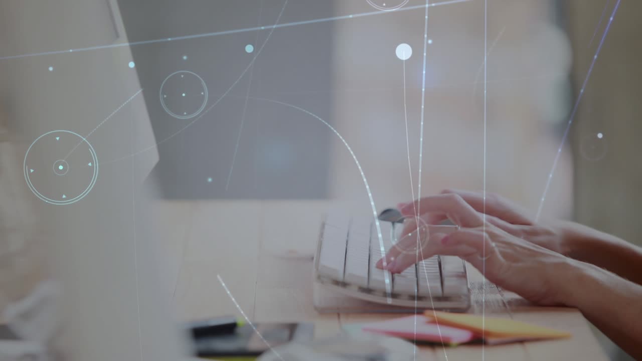 Animation of data processing over caucasian businesswoman using computer
