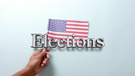 animation of elections text over flag of united states of america on blue background