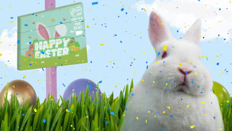 animación de confeti sobre conejo blanco con letrero con texto de feliz pascua en fondo azul