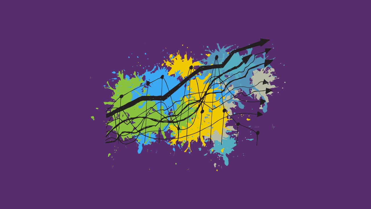 Animation of statistics and paint splodges on purple background