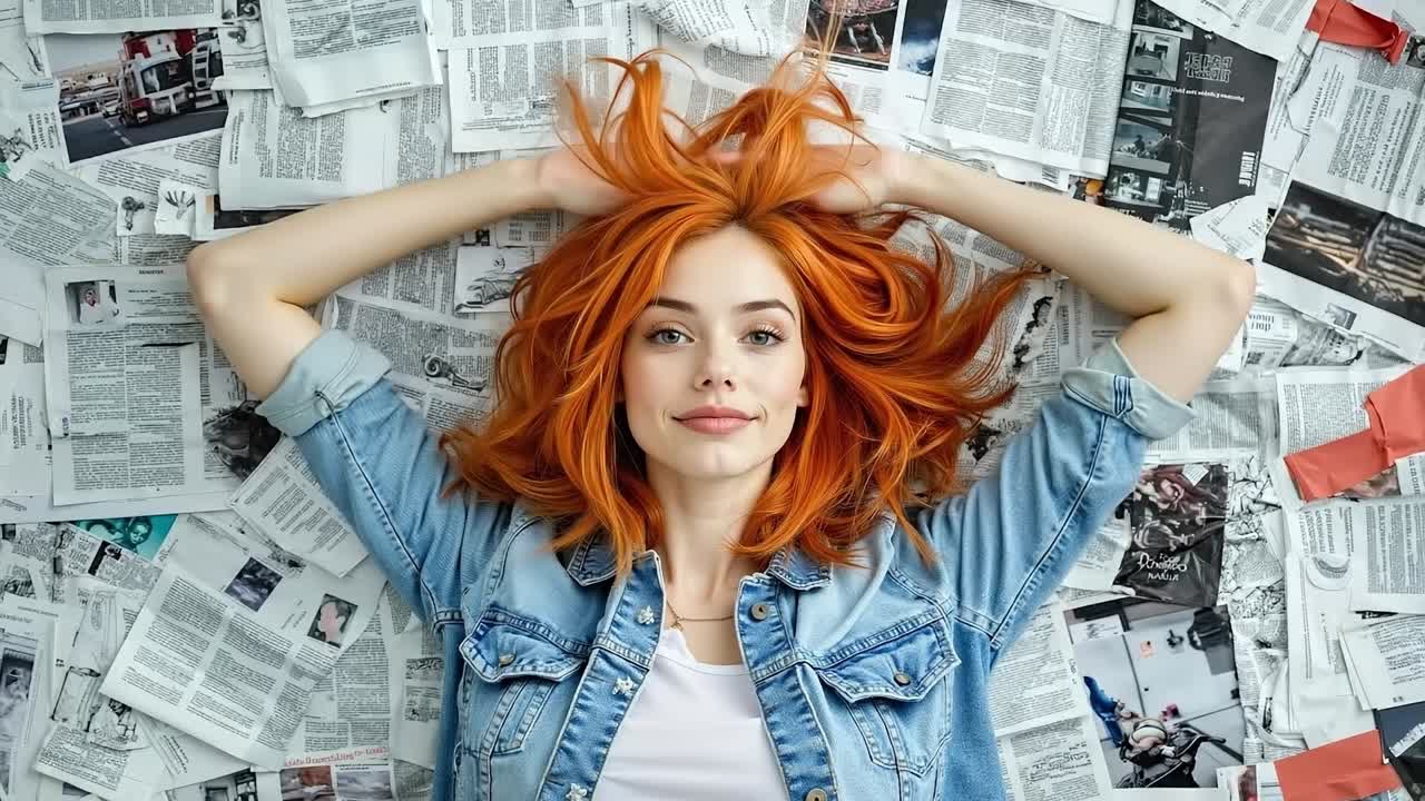 A woman with red hair laying on a pile of newspapers