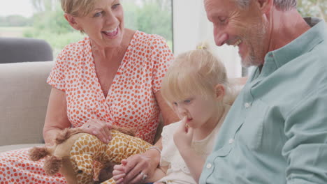 grandparents sitting on sofa with granddaughter at home reading book together