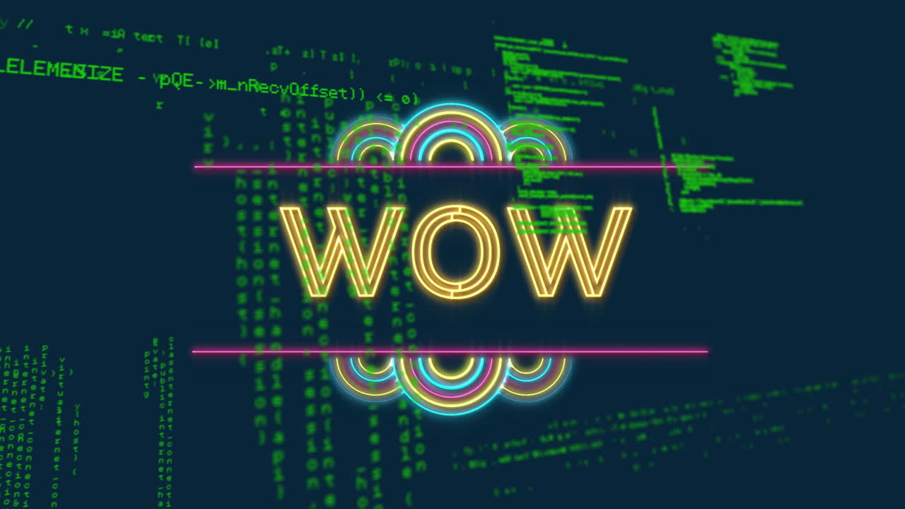 Neon WOW text animation over green coding and data processing background