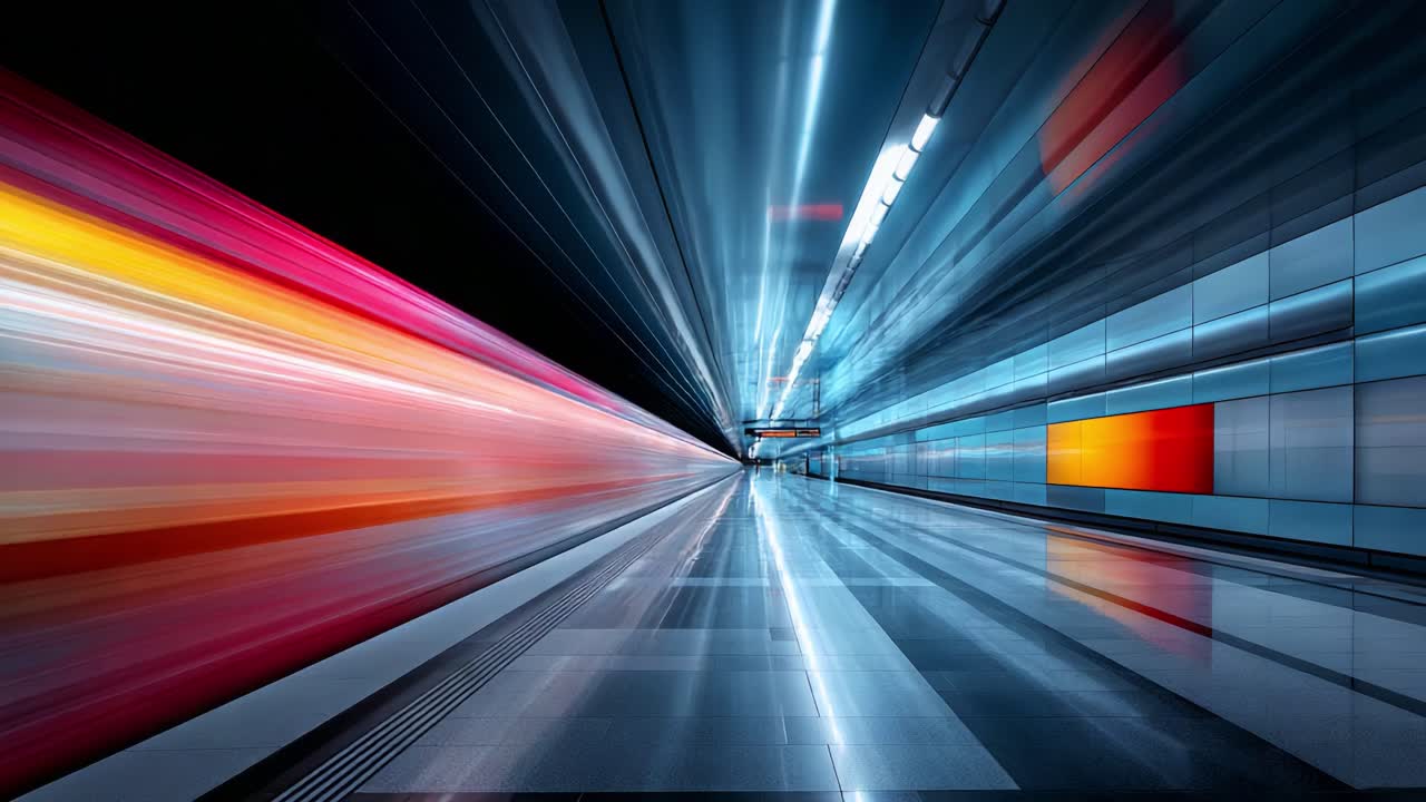 A Dynamic Underground Passageway Showcasing Vibrant Light Trails and an Impressive Architectural Design, Highlighting Motion and Modern Aesthetic within an Urban Setting