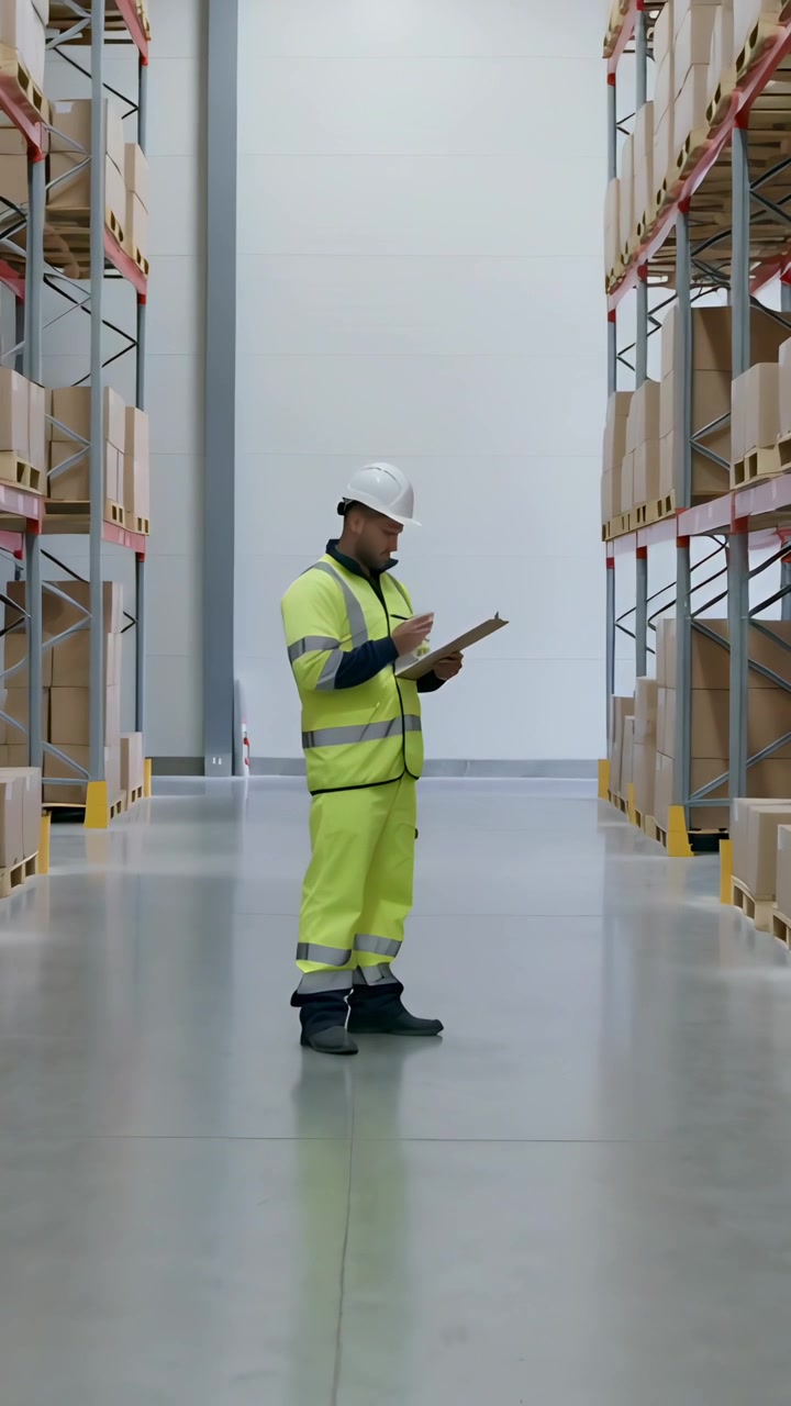 Video verticale: Un uomo con giubbotto ad alta visibilità e elmetto inizia un controllo, ispezionando gli scaffali e prendendo appunti su un portablocco in un corridoio.