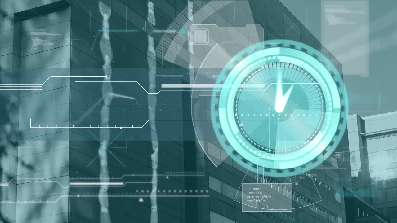 Video of data processing and clock over cityscape