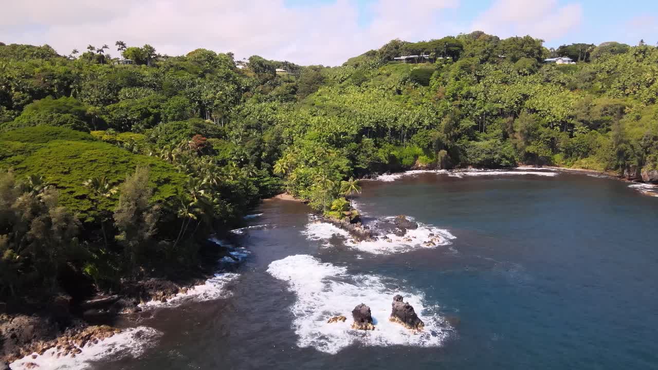 atractivo drone disparado avanzando suavemente hacia una pequeña playa aislada abrazada por la exuberante y espesa selva tropical, ofreciendo un vistazo de este tranquilo oasis natural